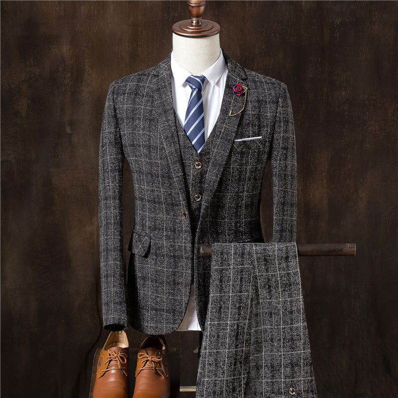 Men's 3-Piece Plaid Suit Set – Wedding, Groom & Formal Tuxedo (4 Colors, M–3XL)