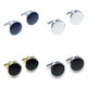 Six pairs of round face cufflinks arranged in a 2x3 grid on a white background, showing navy blue, silver, gold, and black enamel faces with silver, white, and black edges.
