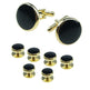 Black cufflinks and matching buttons with gold trim on a white background