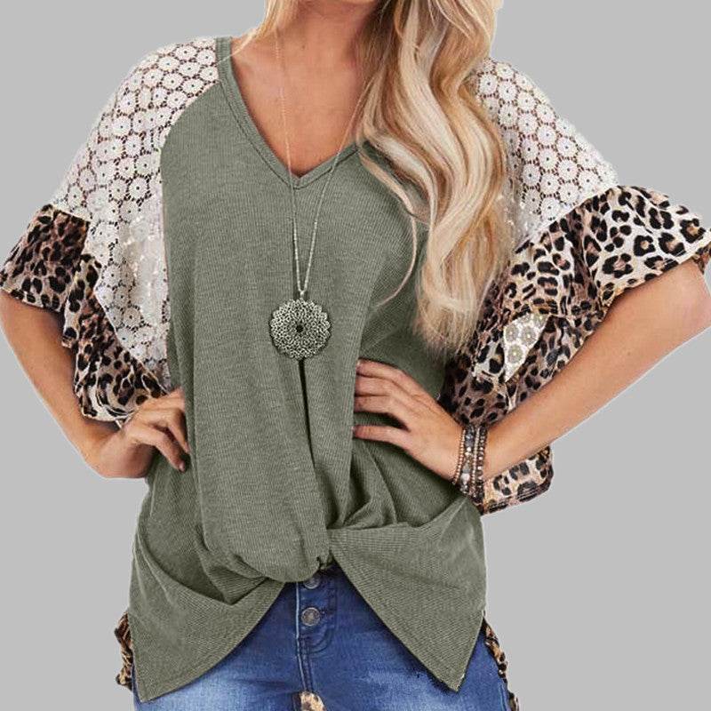 Leopard Patchwork Women Loose V-neck Tops Tee Batwing Sleeve Top Women Summer Short Sleeve - EX-STOCK Canada