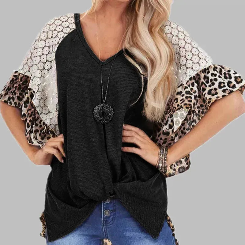 Leopard Patchwork Women Loose V-neck Tops Tee Batwing Sleeve Top Women Summer Short Sleeve - EX-STOCK CANADA