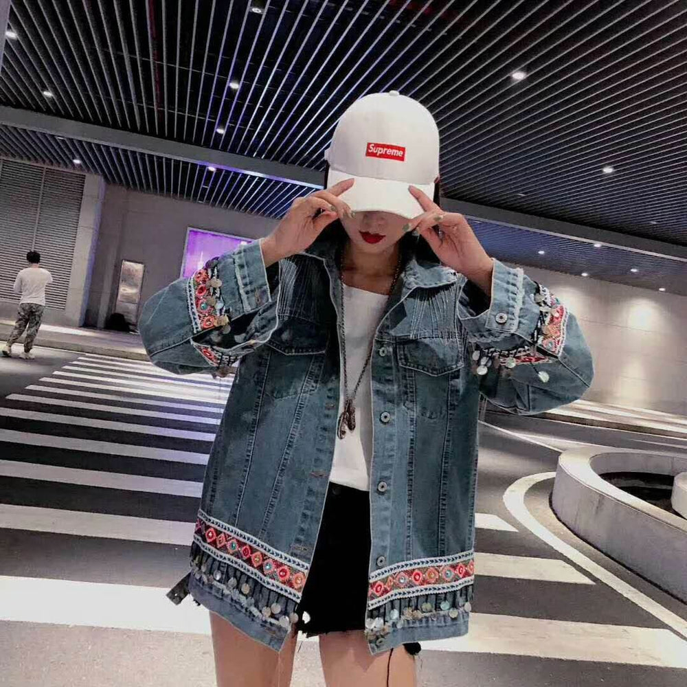 Heavy Industry Flower Embroidery Beaded Sequins Retro Fashion Long-sleeved Denim Jacket Women EX-STOCK Canada 