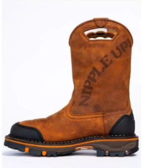Brown work boot with 'Nipple Up' text on a white background