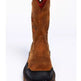 Brown leather boot with black sole on a white background