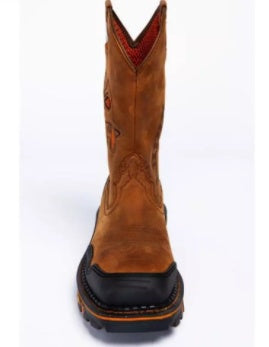 Brown leather boot with black sole on a white background
