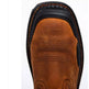 Close-up of a brown leather boot with black sole on a white background