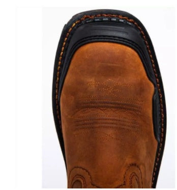 Close-up of a brown leather boot with black sole on a white background
