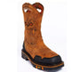 Brown cowboy boot with black sole on a white background
