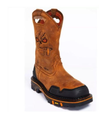 Brown cowboy boot with black sole on a white background