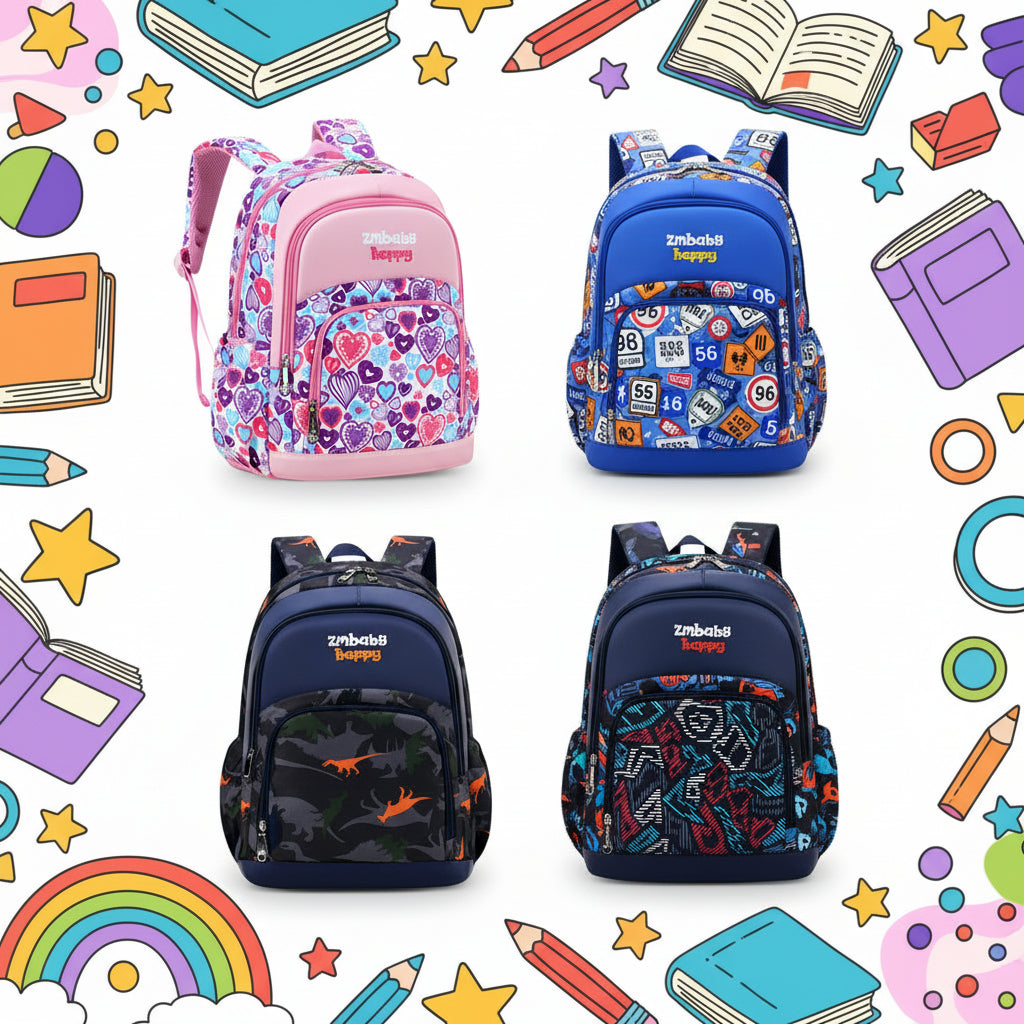 Five colorful backpacks on a blue and green gradient background