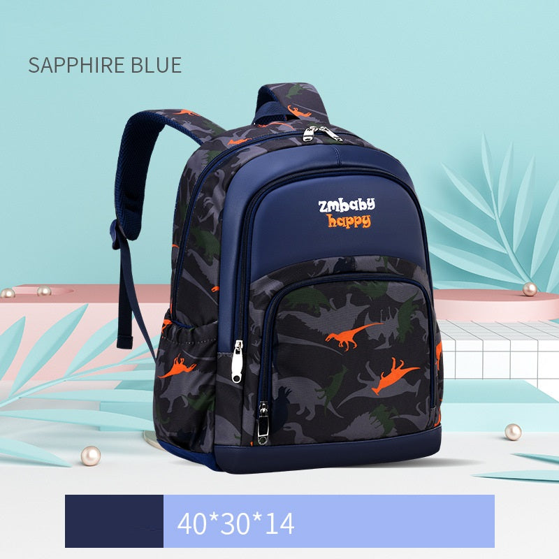 Backpack with dinosaur pattern on a light blue background