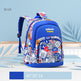Blue children's backpack with colorful license plate pattern on a light blue background