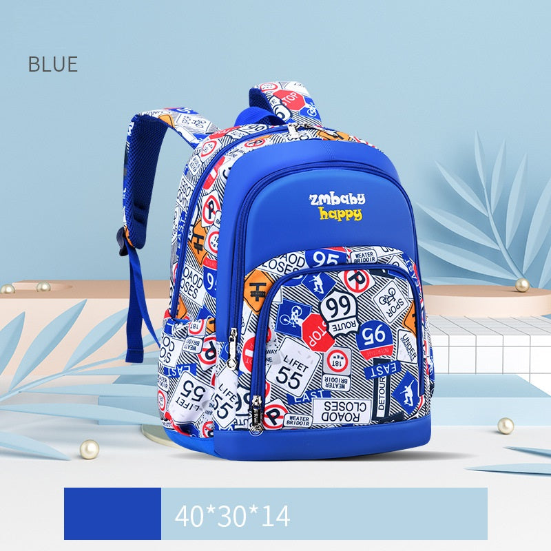 Blue children's backpack with colorful license plate pattern on a light blue background