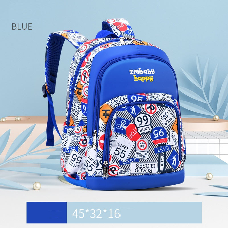Blue children's backpack with colorful patterns on a light blue background