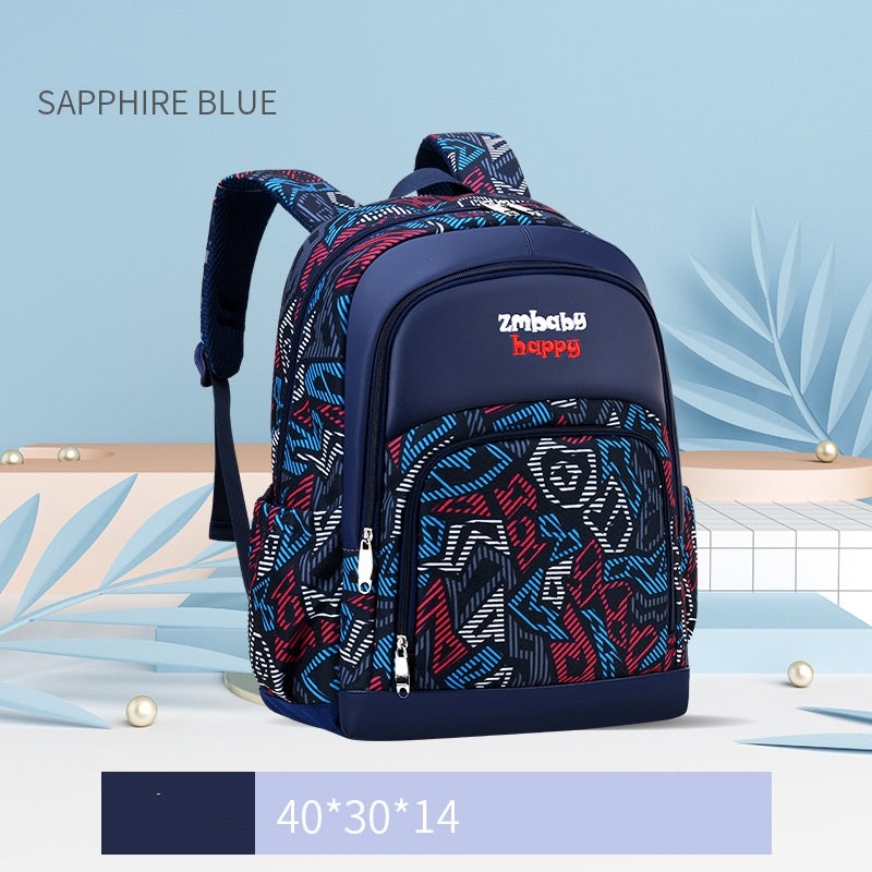 Sapphire blue backpack with geometric pattern on a light blue background