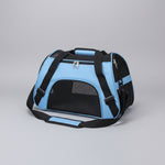 Blue pet carrier with black straps on a carpeted floor
