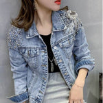 Europe Station New Shoulder Rivet Denim Jacket Women s Short Slim Jacket Three Dimensional Flower Top EX-STOCK Canada 