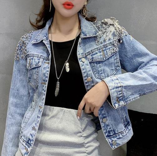 Europe Station New Shoulder Rivet Denim Jacket Women s Short Slim Jacket Three Dimensional Flower Top EX-STOCK Canada 