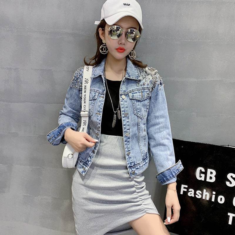 Europe Station New Shoulder Rivet Denim Jacket Women s Short Slim Jacket Three Dimensional Flower Top EX-STOCK Canada 