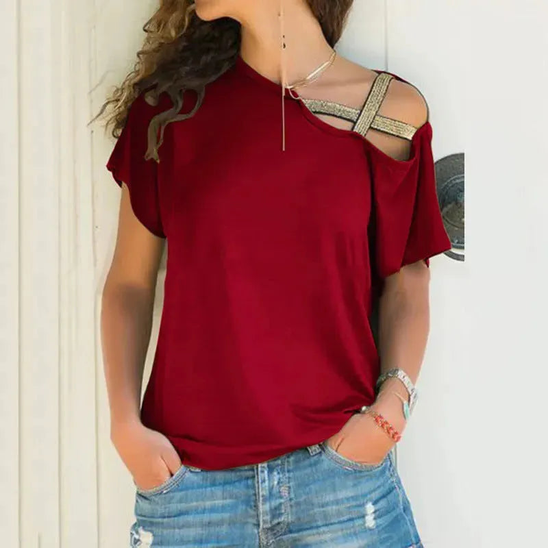 Women Skew Neck Summer Irregular Criss Cross Short Sleeves Sexy Off Shoulder Solid Tops Blusa Femme One Shoulder  Blouse - EX-STOCK CANADA