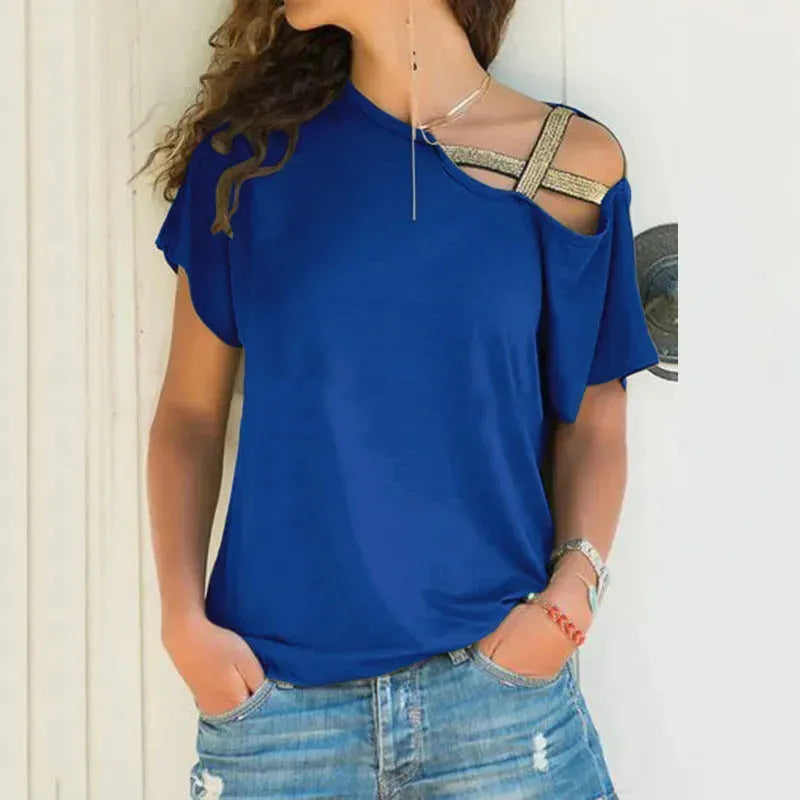 Women Skew Neck Summer Irregular Criss Cross Short Sleeves Sexy Off Shoulder Solid Tops Blusa Femme One Shoulder  Blouse - EX-STOCK CANADA