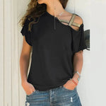 Women Skew Neck Summer Irregular Criss Cross Short Sleeves Sexy Off Shoulder Solid Tops Blusa Femme One Shoulder  Blouse - EX-STOCK CANADA