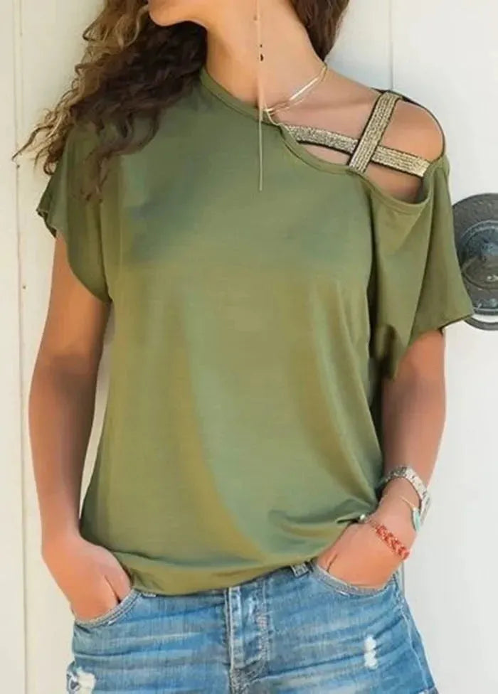 Women Skew Neck Summer Irregular Criss Cross Short Sleeves Sexy Off Shoulder Solid Tops Blusa Femme One Shoulder  Blouse - EX-STOCK CANADA
