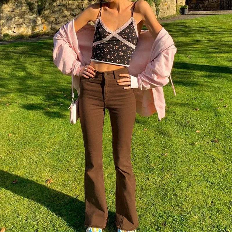 Brown High Waist Stretch Bootcut Jeans Women Casual Pants - EX-STOCK Canada