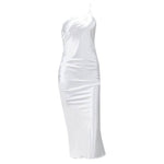 Elegant Women's Midi Satin Dress One Shoulder Spaghetti Strap Backless Ruched Summer DRESS - EX-STOCK Canada