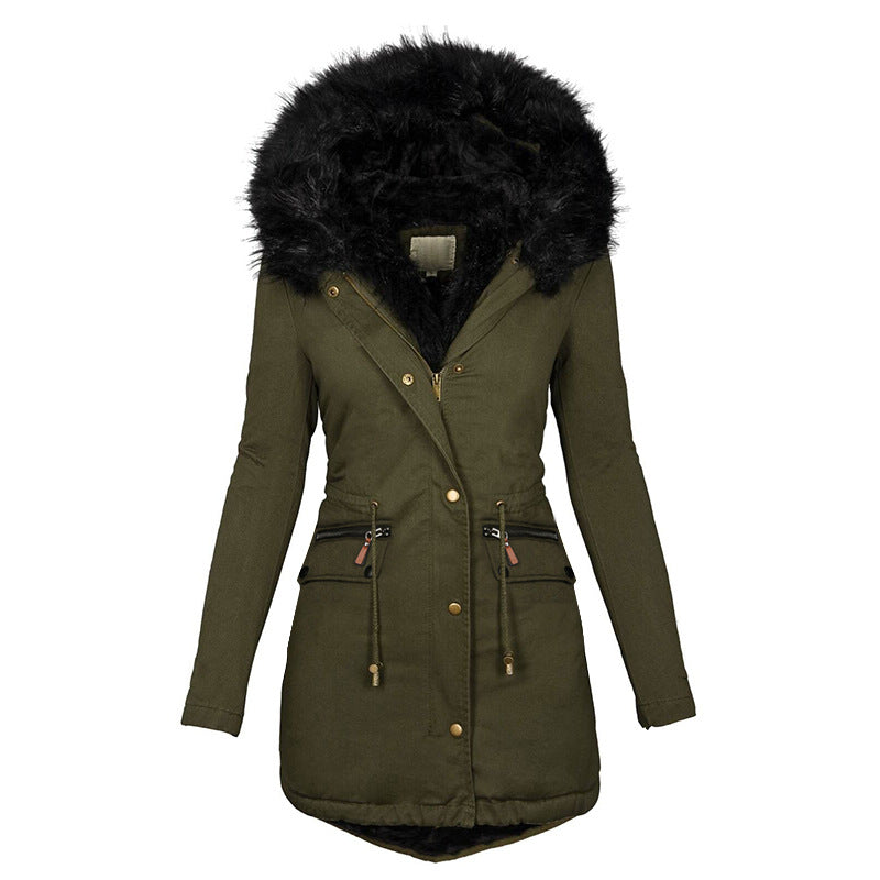 Women's Plush Hooded Parkas Winter Warm Thick  Zip-up Jackets Casual Mid-length Solid Buckle Pockets Coat Outerwear Clothing EX-STOCK Canada 