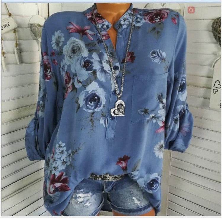 5XL Plus Size Summer Tops Women Blouses Long Sleeve Print Stand Collar Button Blouse Pullover Womens Clothing Blusa - EX-STOCK Canada