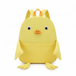Yellow backpack shaped like a cartoon duck on a white background