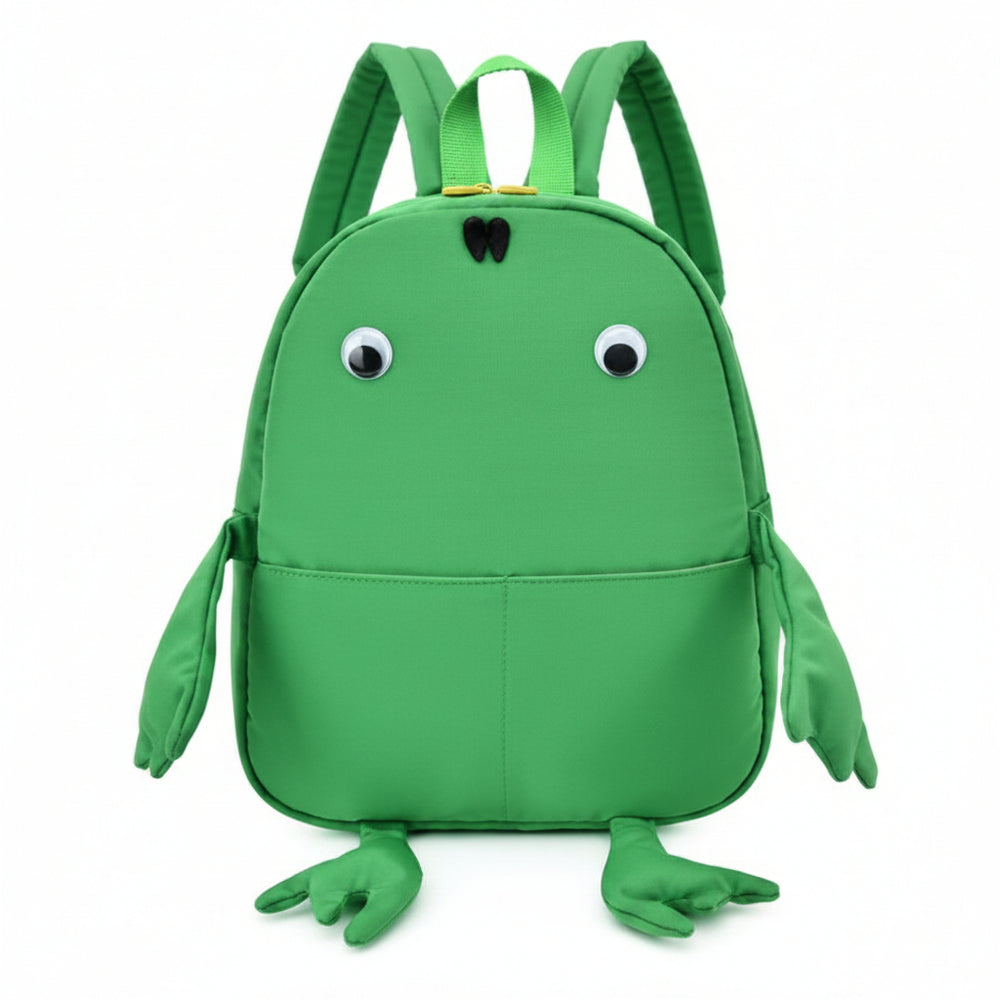 Green frog-shaped backpack on a white background