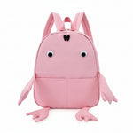 Pink backpack designed like a cartoon character with googly eyes and arms on a white background