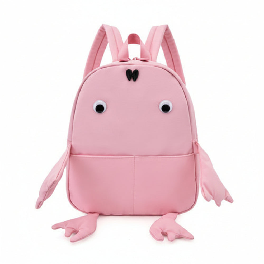Pink backpack designed like a cartoon character with googly eyes and arms on a white background