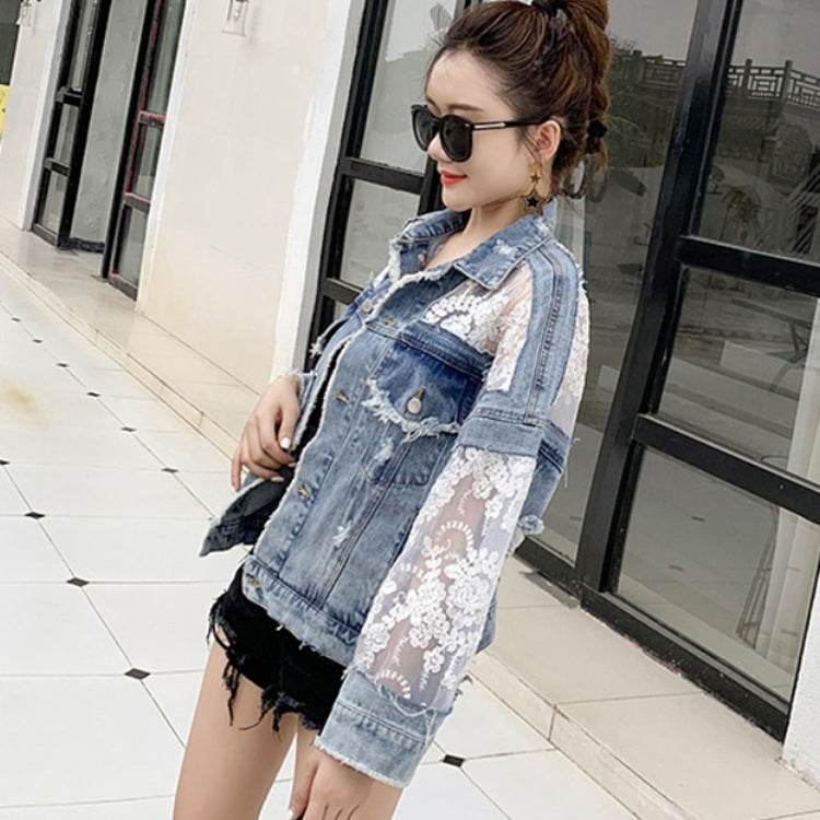 Denim Short Jacket Women Trendy Fashion Casual Lace Stitching Loose Sun Protection Clothing EX-STOCK Canada 