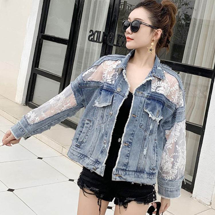 Denim Short Jacket Women Trendy Fashion Casual Lace Stitching Loose Sun Protection Clothing EX-STOCK Canada 
