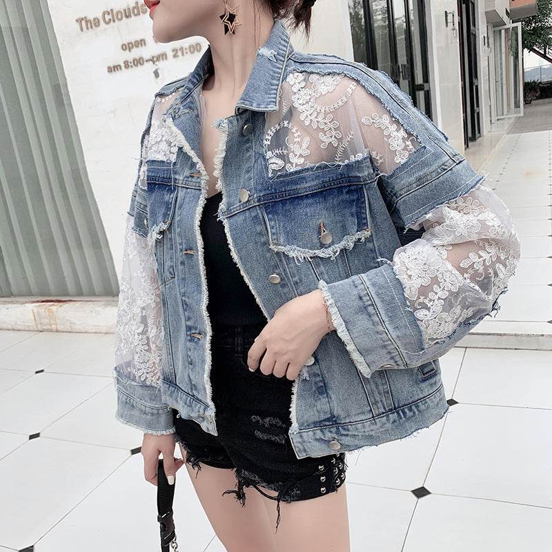 Denim Short Jacket Women Trendy Fashion Casual Lace Stitching Loose Sun Protection Clothing EX-STOCK Canada 