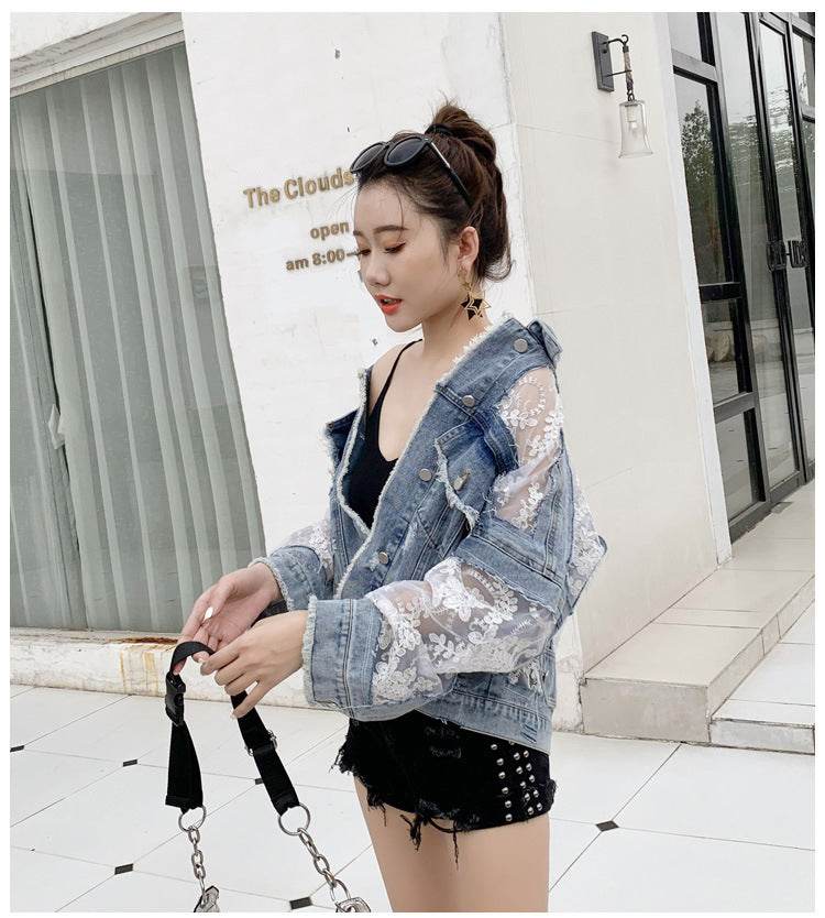 Denim Short Jacket Women Trendy Fashion Casual Lace Stitching Loose Sun Protection Clothing EX-STOCK Canada 