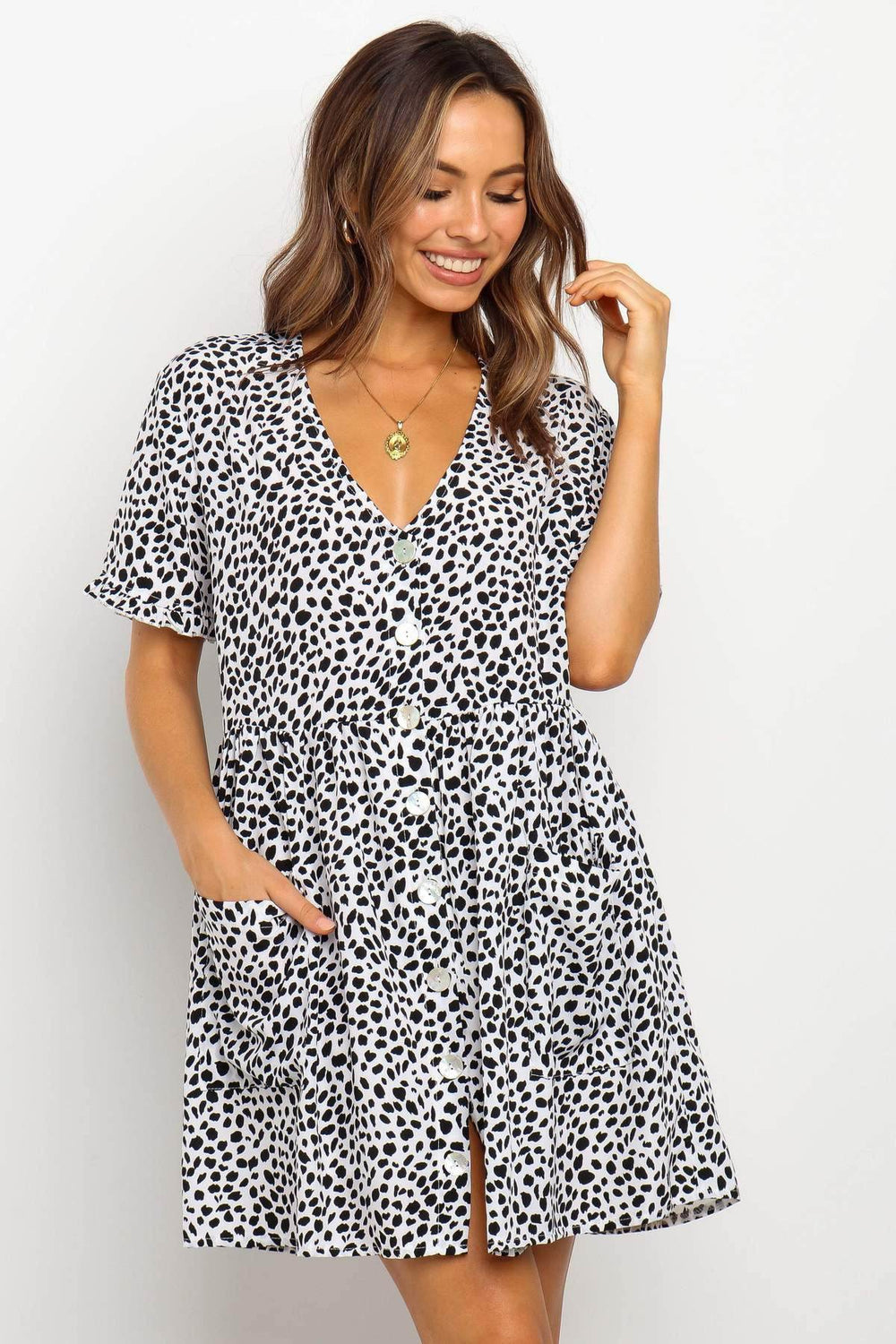 Casual Summer dresses Women Spring Mini short sleeve button down dot printed loose Dress - EX-STOCK Canada