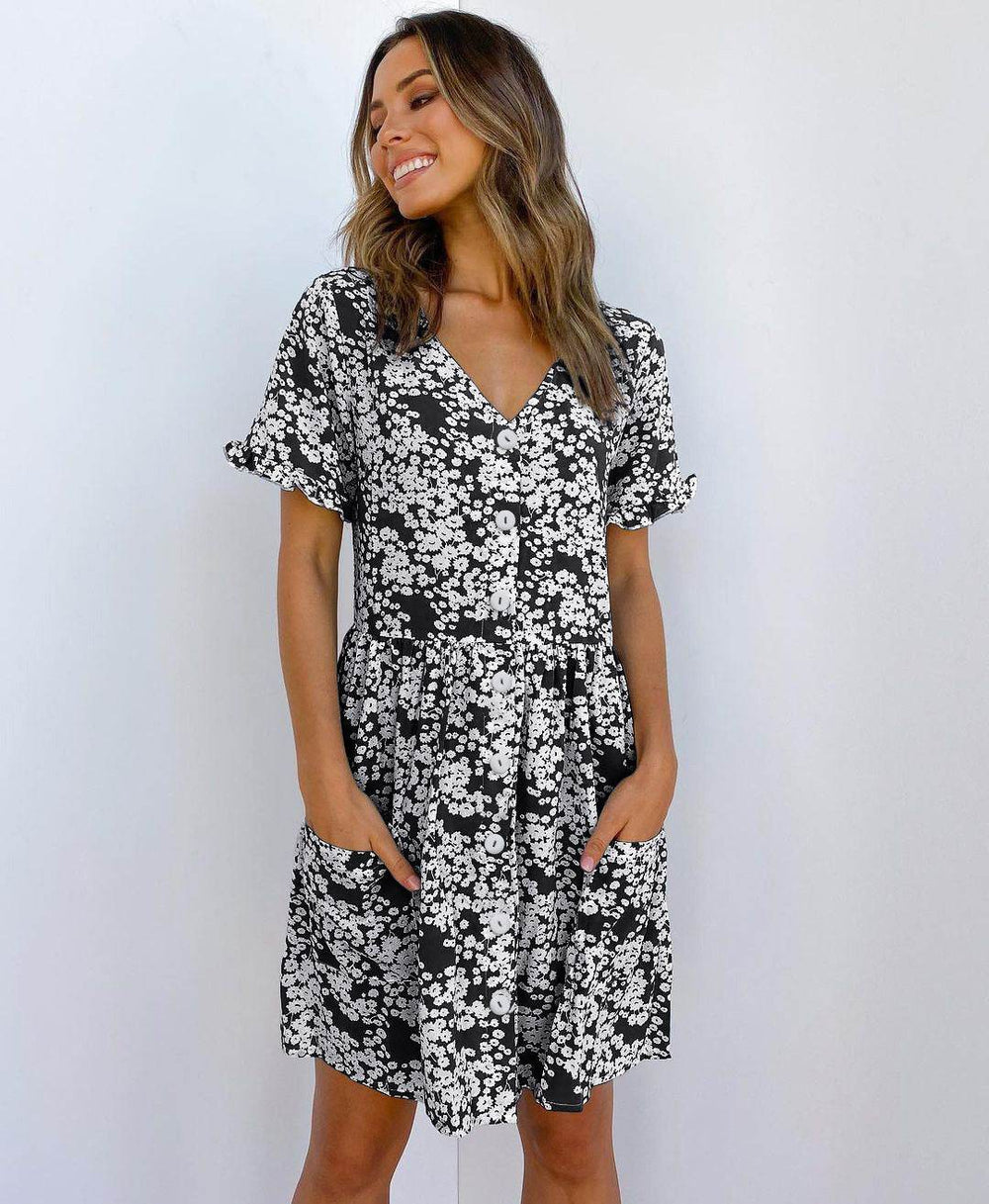 Casual Summer dresses Women Spring Mini short sleeve button down dot printed loose Dress - EX-STOCK Canada
