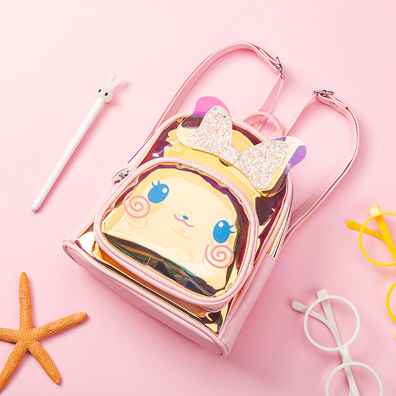 Pink heart-shaped bag with cartoon character on a pink background