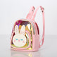 Pink backpack with a cartoon bunny design on a light gray background