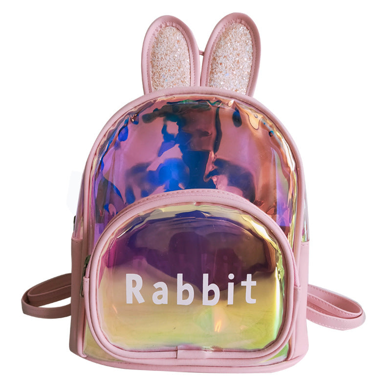 Holographic backpack with rabbit ears and 'Rabbit' text on a white background