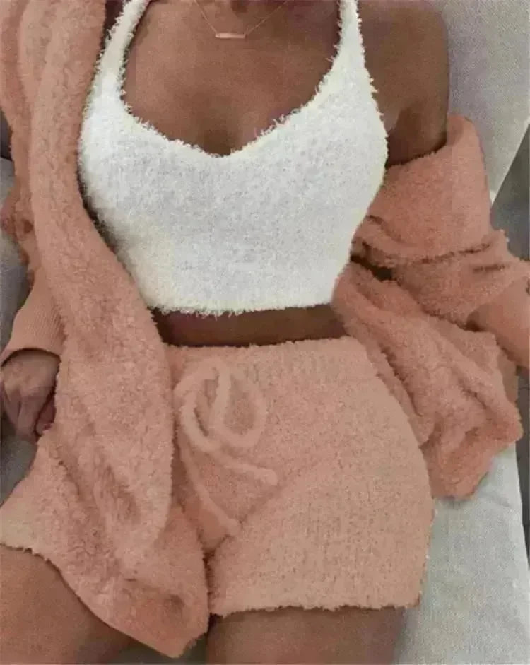 Winter Sexy Women Home Wear Suit Casual Pajamas Set Lady Female Soft Warm Long Sleeve Exposed Navel Vest Shorts Set - EX-STOCK CANADA