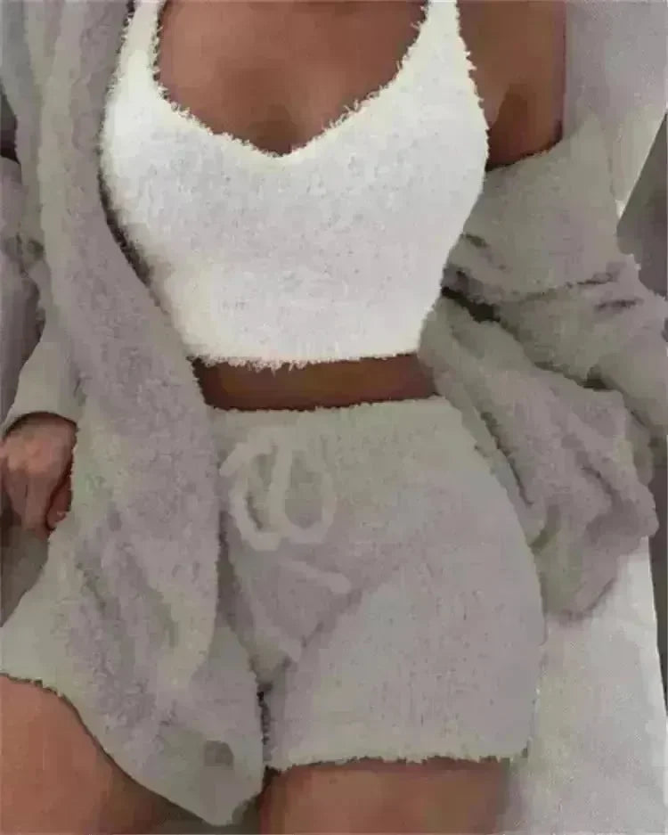 Winter Sexy Women Home Wear Suit Casual Pajamas Set Lady Female Soft Warm Long Sleeve Exposed Navel Vest Shorts Set - EX-STOCK CANADA