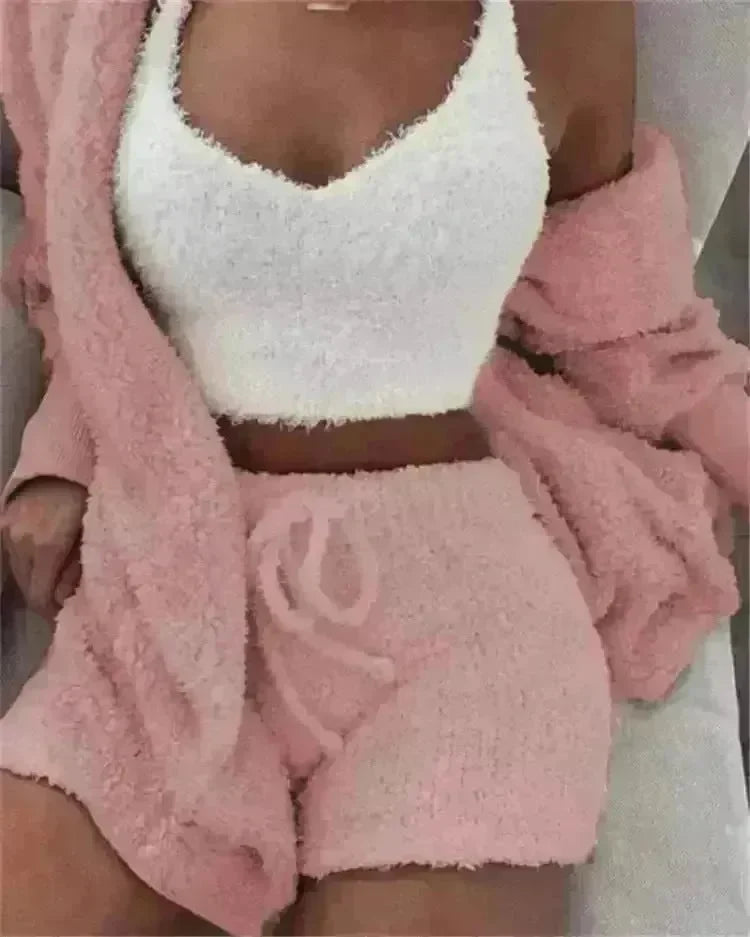 Winter Sexy Women Home Wear Suit Casual Pajamas Set Lady Female Soft Warm Long Sleeve Exposed Navel Vest Shorts Set - EX-STOCK CANADA