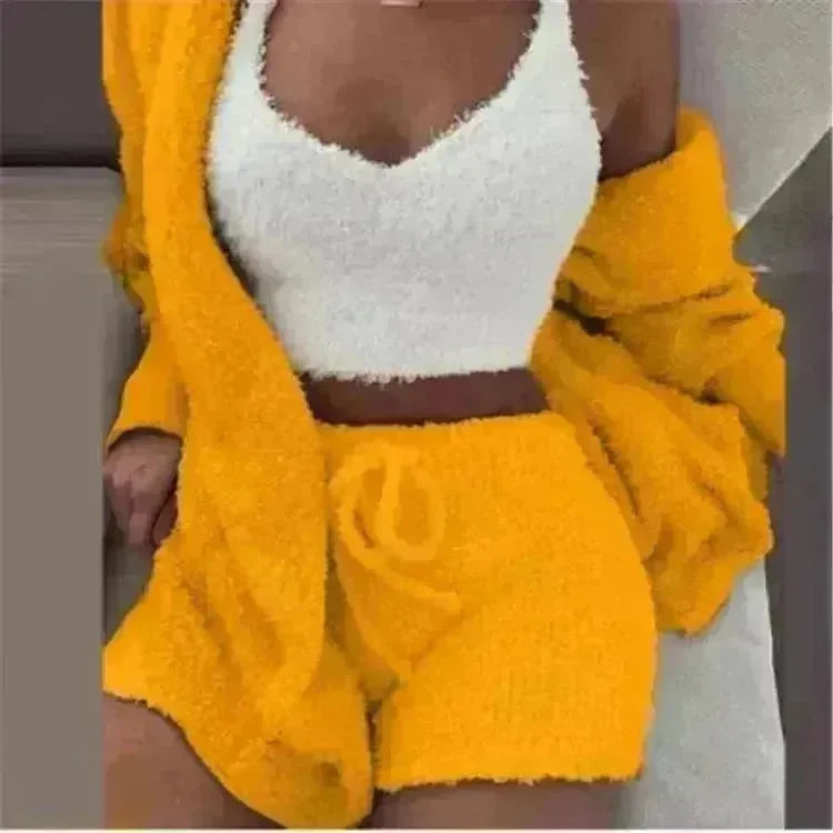 Winter Sexy Women Home Wear Suit Casual Pajamas Set Lady Female Soft Warm Long Sleeve Exposed Navel Vest Shorts Set - EX-STOCK CANADA