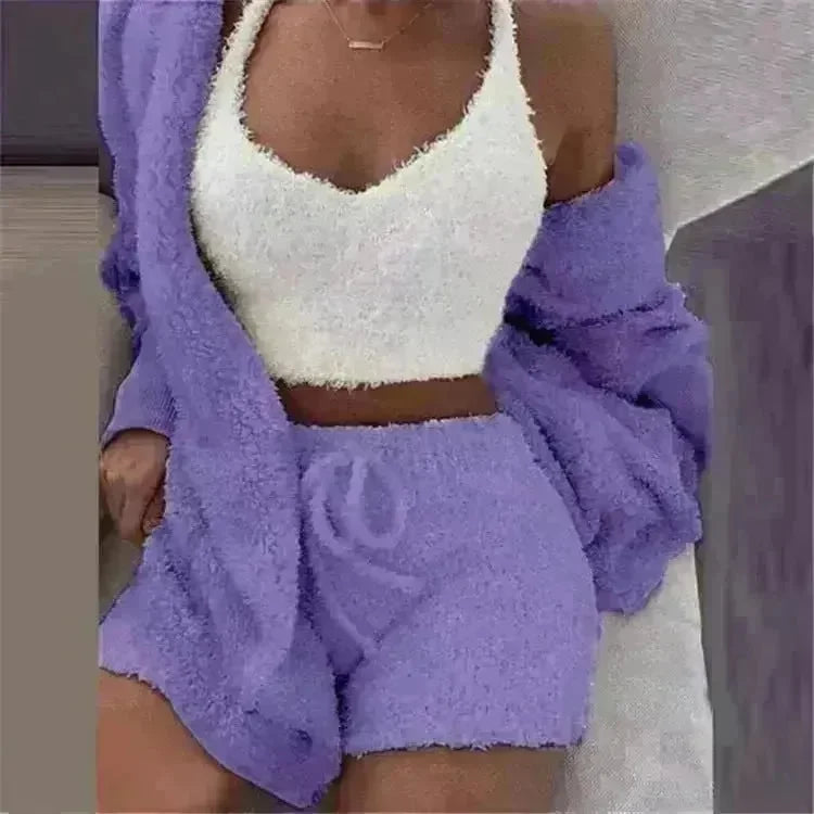 Winter Sexy Women Home Wear Suit Casual Pajamas Set Lady Female Soft Warm Long Sleeve Exposed Navel Vest Shorts Set - EX-STOCK CANADA