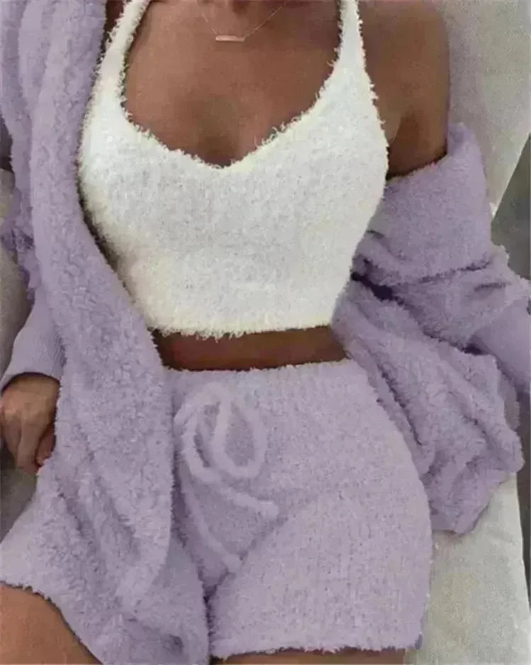 Winter Sexy Women Home Wear Suit Casual Pajamas Set Lady Female Soft Warm Long Sleeve Exposed Navel Vest Shorts Set - EX-STOCK CANADA